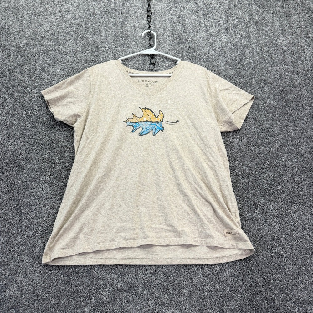 Life is Good Crusher Tee Womens XL Beige Graphic V-Neck Short Sleeve T-Shirt